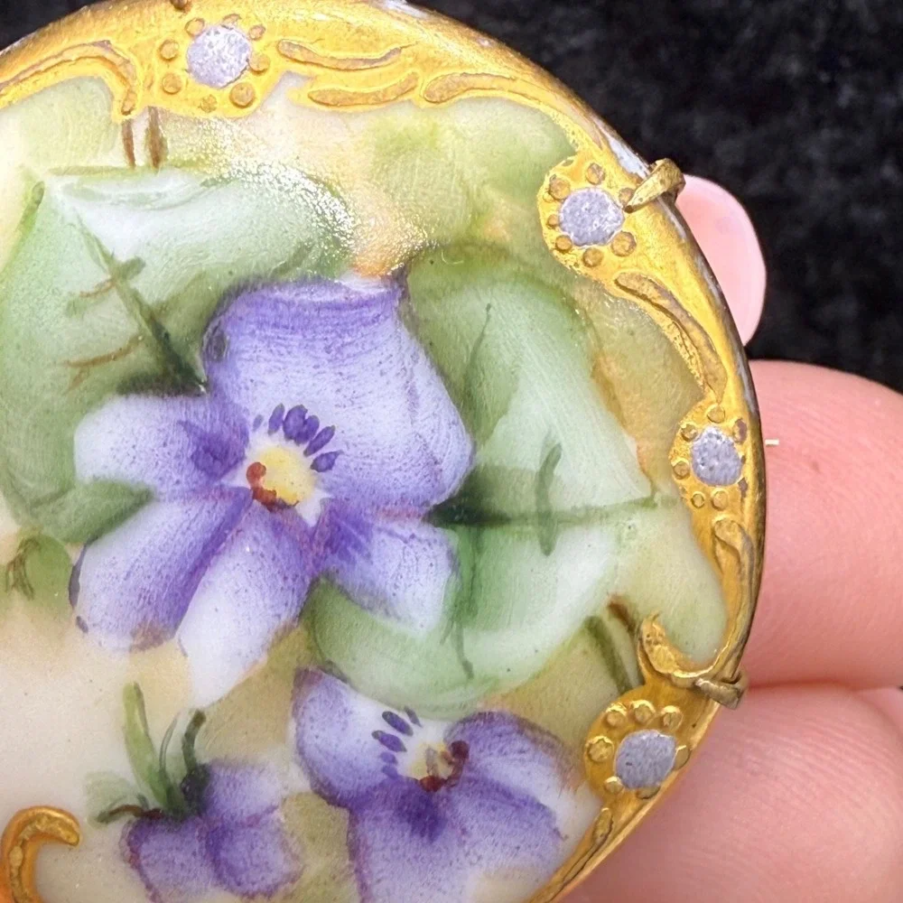 Vintage Victorian Hand Painted Porcelain Brooch Gold Purple Violets